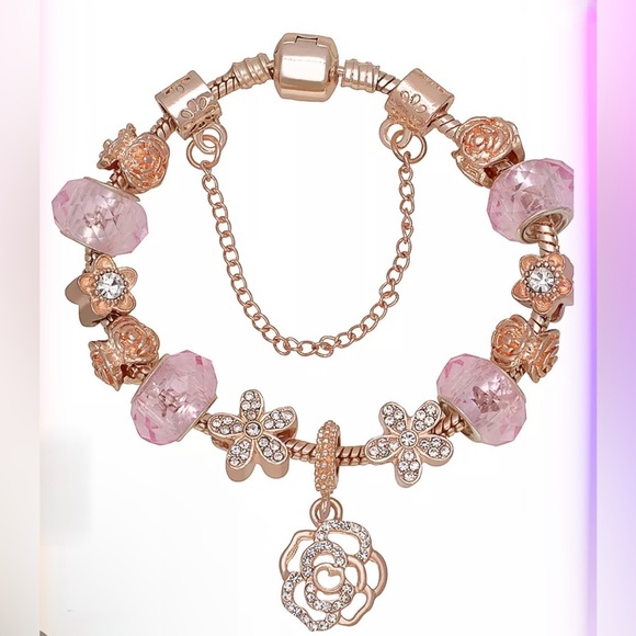 Jewelry - Floral Crystal Stone Charm Elegant Rose Gold and Pink Charm Bracelet